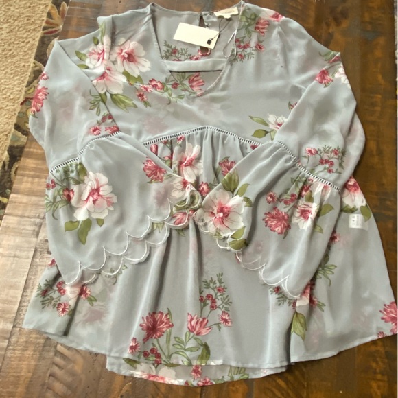 Crescent Womens Floral Sheer Top in Bluish Gray and Pink Sz S Beautiful Sleeve - Picture 1 of 8